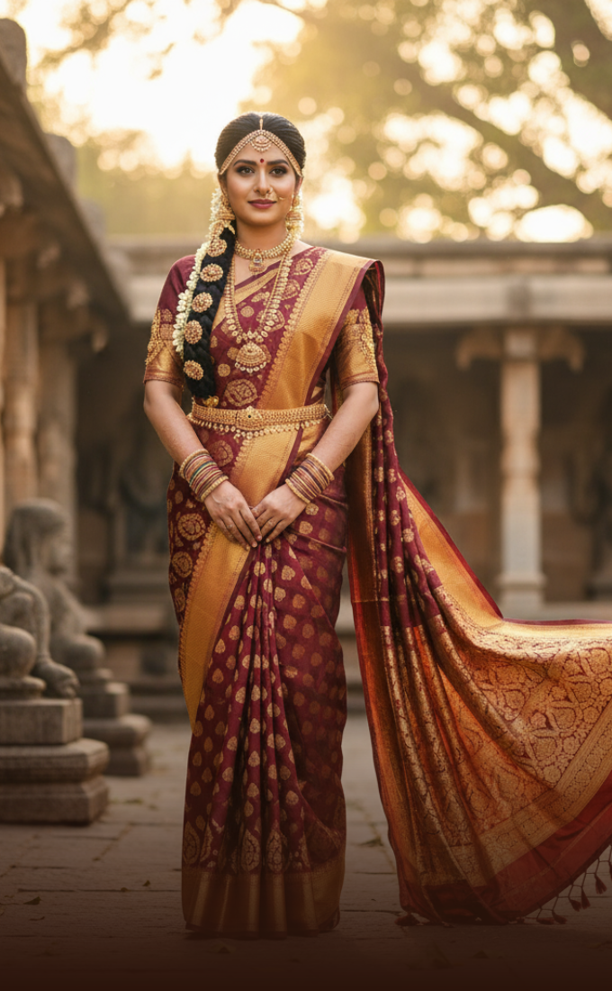 A South Indian bride wearing a luxurious Kanjivaram silk saree in rich red and gold tones, adorned with intricate zari patterns and a grand pallu. The bride is styled with traditional gold jewelry, jasmine flowers in her braid, and subtle bridal makeup, posing naturally in a heritage outdoor setting.