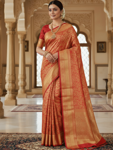 One Gram Gold Tissue Saree – Orange Gold Color – Premium Wedding Wear