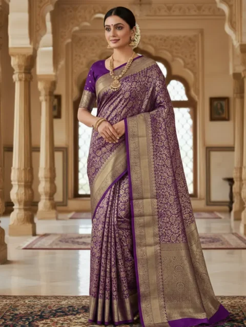 Purple Kanchipuram Semi Silk Saree with Traditional Woven Design, Elegant Kanchipuram Semi Silk Saree