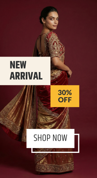 Model wearing a red and gold embroidered designer wedding saree with blouse, new arrival ethnic saree collection with 30% discount banner