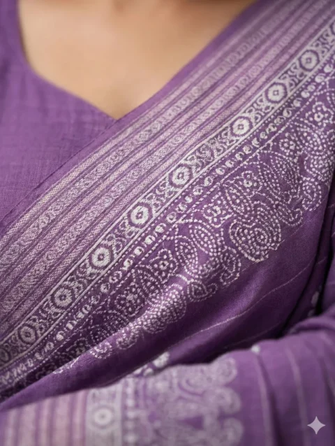 Detailed closeup of the Purple Printed Georgette Saree fabric and intricate traditional border, showing the high-quality texture and print details.