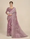 soft mauve printed georgette saree with traditional woven border