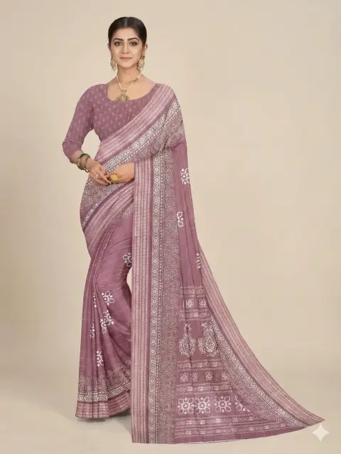soft mauve printed georgette saree with traditional woven border