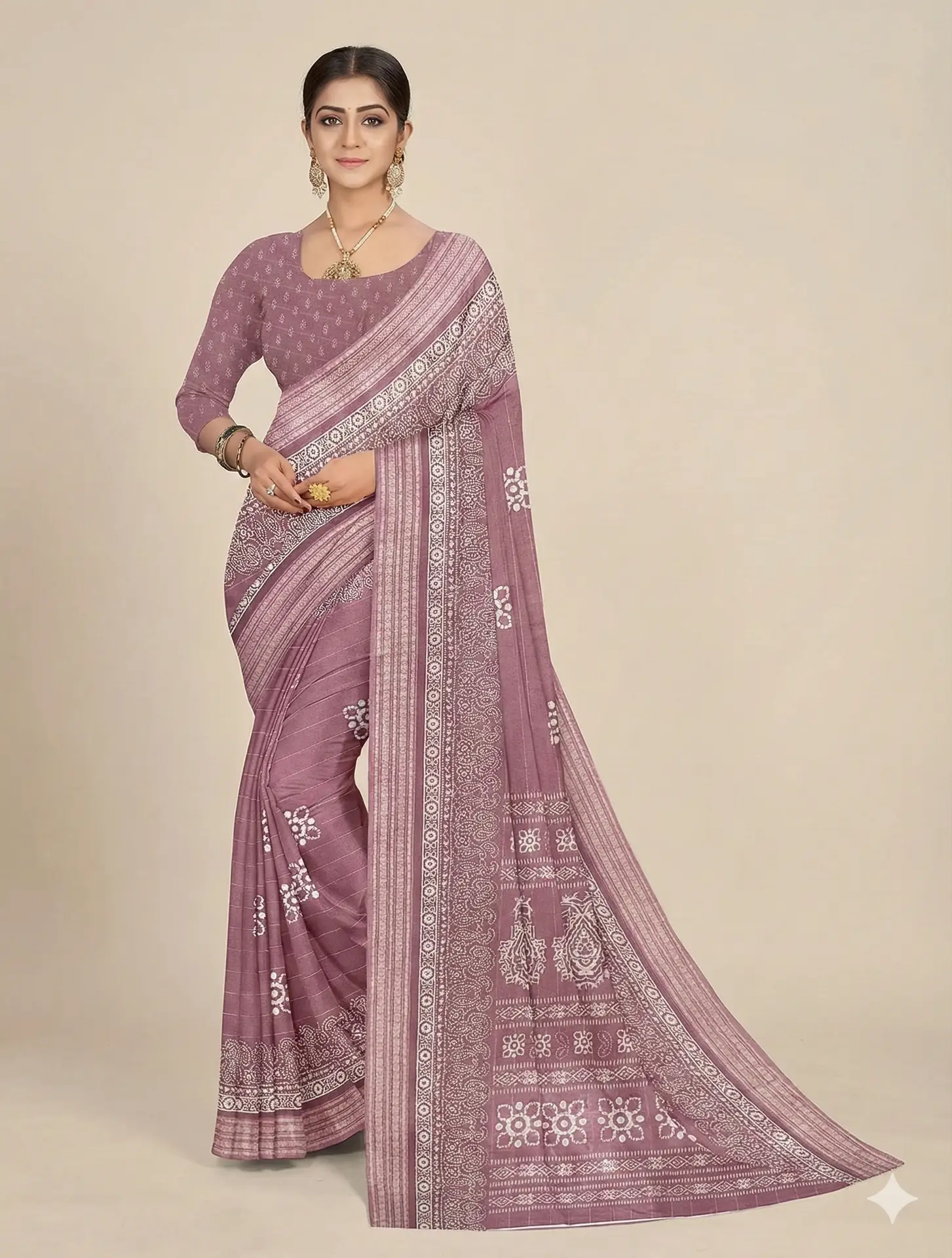 soft mauve printed georgette saree with traditional woven border