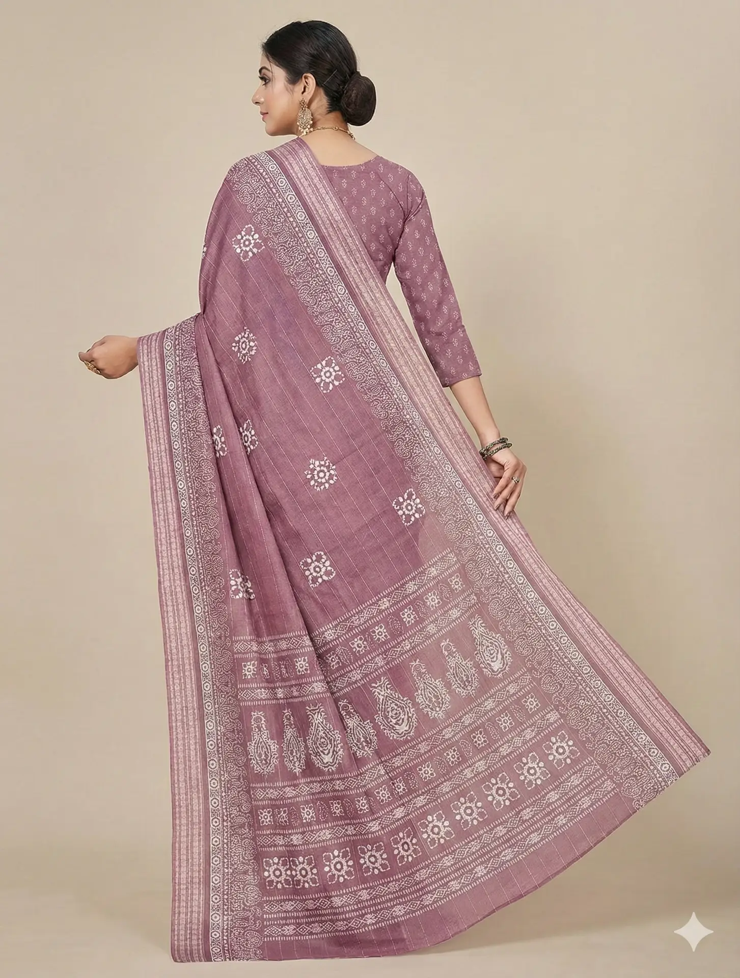soft mauve printed georgette saree with traditional woven border
