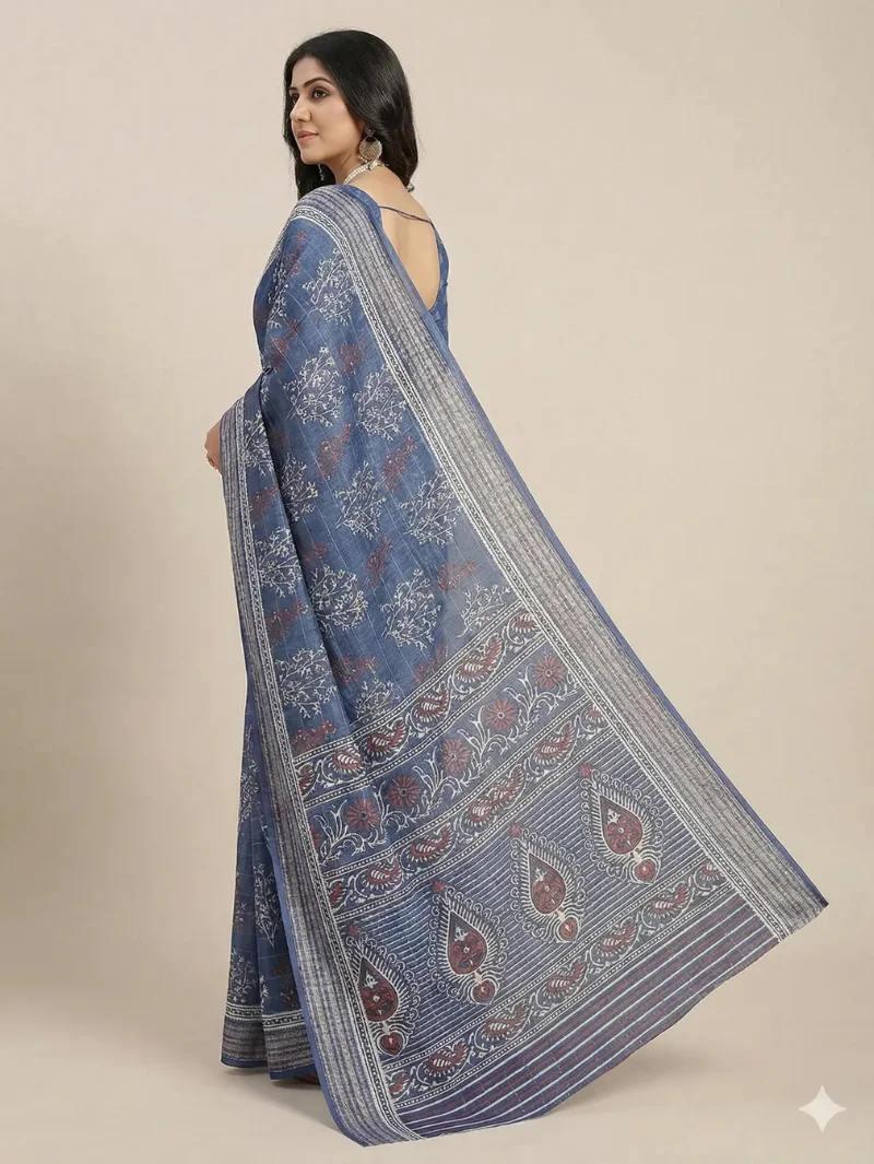 Back view of the Blue Printed Georgette Saree highlighting the graceful drape and the rich pallu design with a traditional border. Showcases the sophisticated style of theLavi's georgette collection.