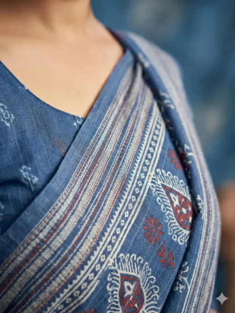 Detailed macro closeup of the Blue Printed Georgette Saree fabric, showcasing the fine print quality and the intricate thread-work on the traditional border. Premium breathable georgette material.