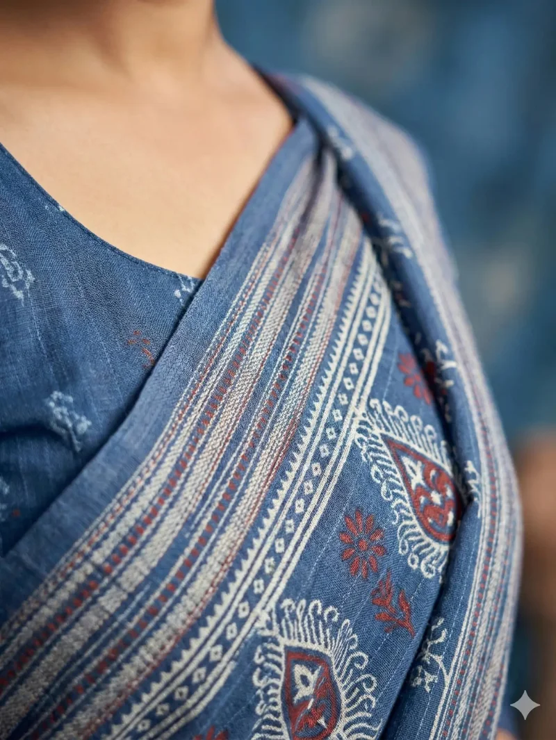 Detailed macro closeup of the Blue Printed Georgette Saree fabric, showcasing the fine print quality and the intricate thread-work on the traditional border. Premium breathable georgette material.