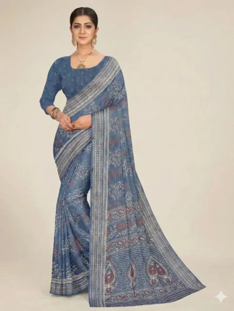 Front view of a model in a Navy Blue Printed Georgette Saree with a traditional woven border, featuring elegant floral prints. A perfect lightweight saree for office wear and professional gatherings.