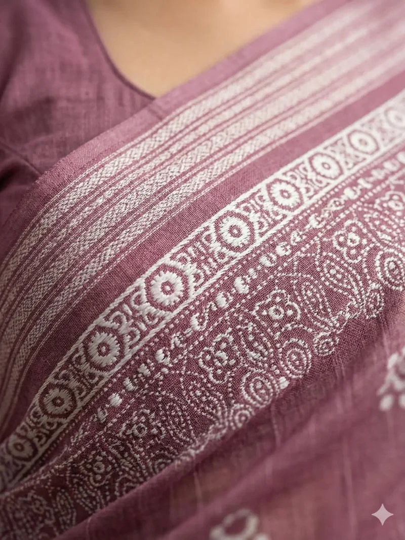 Detailed macro closeup of the Mauve Printed Georgette Saree fabric, showcasing the fine traditional print and the quality of the woven border. A perfect example of high-quality, breathable georgette fabric.