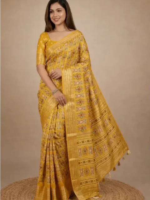 Front view of a model in a vibrant Mustard Yellow Printed Georgette Saree with a traditional woven border. Features intricate floral prints, making it an ideal choice for Haldi ceremonies and festive wear.