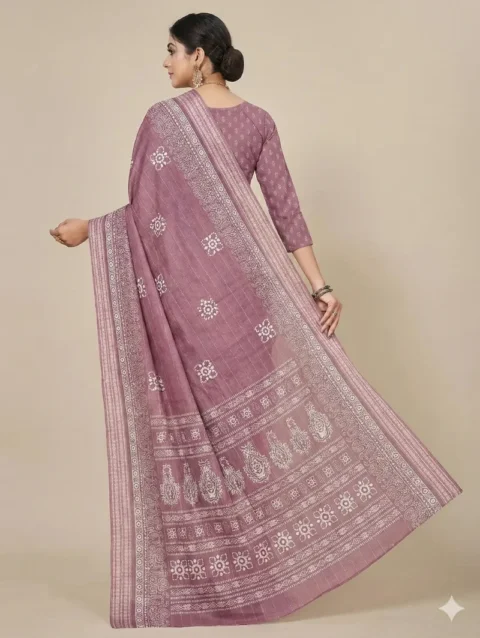 Elegant back view of a Soft Mauve Printed Georgette Saree, showcasing the graceful drape and intricate traditional border on the pallu. This lightweight georgette saree is perfect for office wear and daytime events.