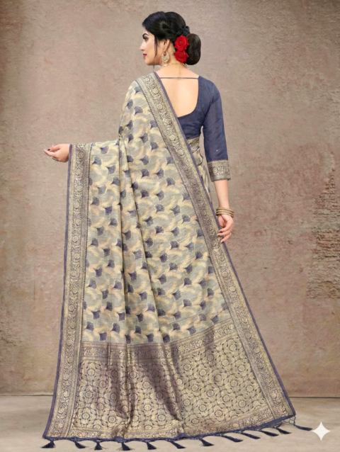 Lightweight Cream Saree with Navy Blue Woven Design