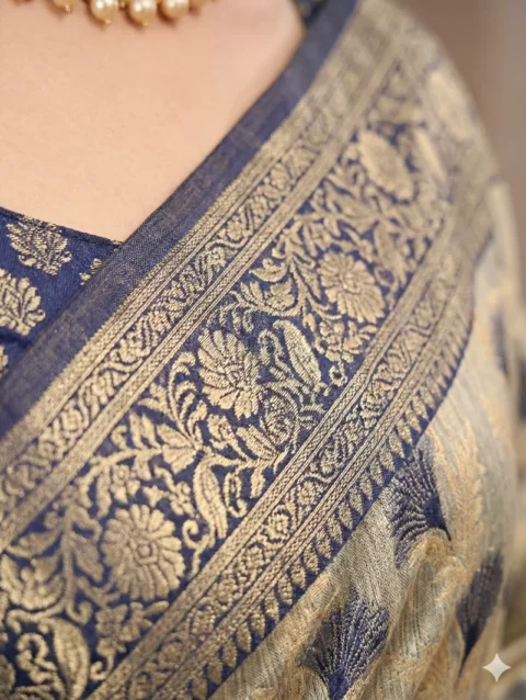 Elegant Linen Cotton Saree in Cream and Navy Blue
