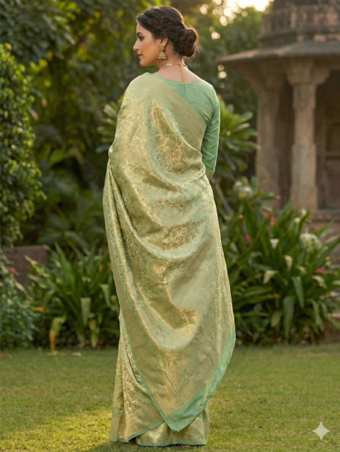 Mint Green Kanchipuram Silk Brocade Saree with Traditional Border