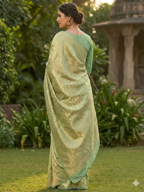 Elegant back pose of a model wearing a Mint Green Kanchipuram Silk Brocade Saree, showcasing the rich pallu design and traditional drape for wedding wear.