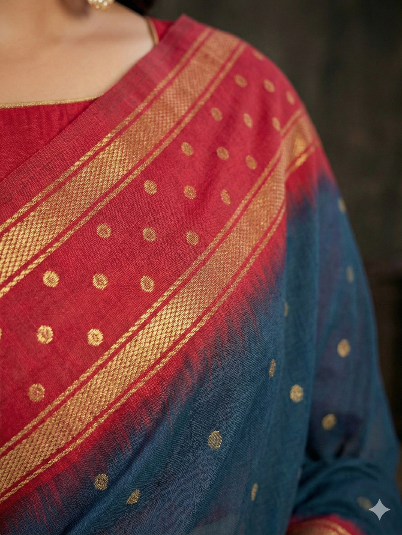 Model wearing Navy Blue Georgette Saree closeup photo