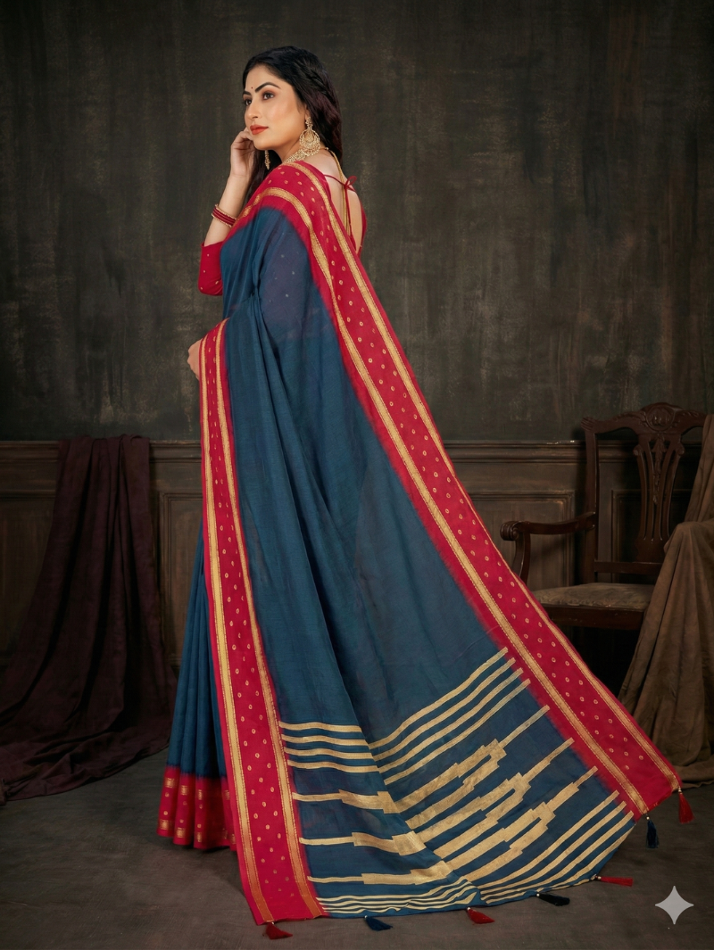 Model wearing Navy Blue Georgette Saree