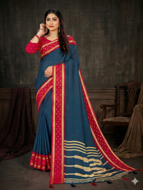 Navy Blue Georgette Saree with Red Contrast Border