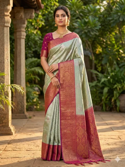 Pastel Green Kanchipuram Semi Silk Saree with Korvai Border