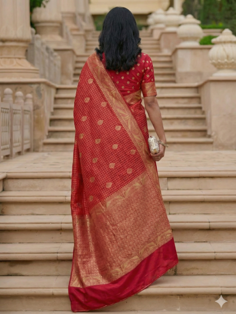 model wearing Pink Kanchipuram Semi Silk Saree with Traditional Woven Design