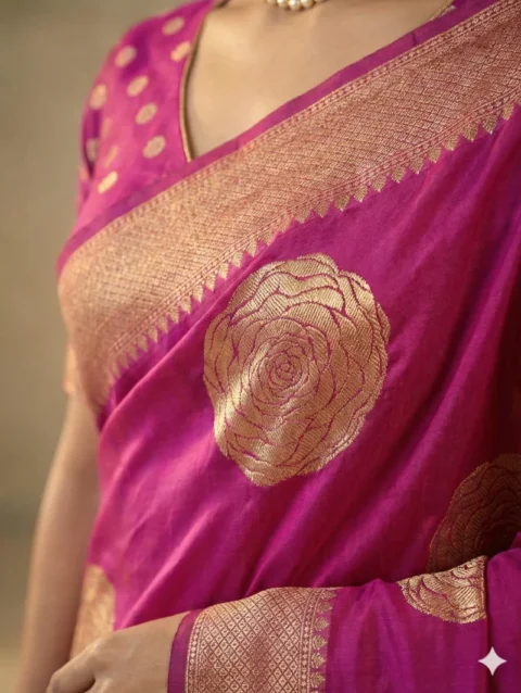Detailed closeup of a Rose Butta Georgette Crepe Silk Saree, showcasing the intricate floral weaving and soft texture of this elegant georgette saree.