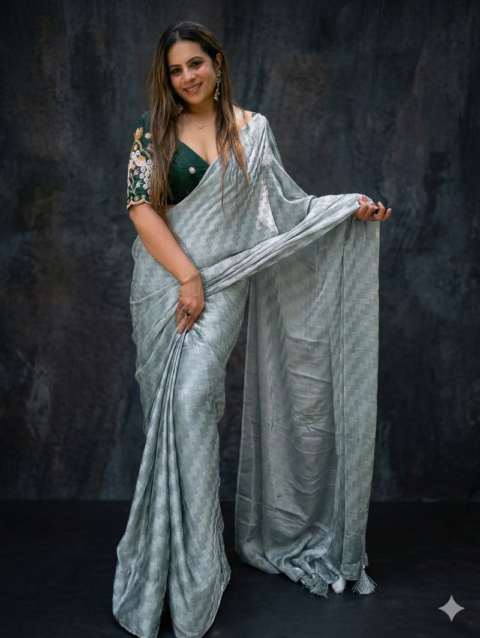 Silver Grey Georgette Saree front view