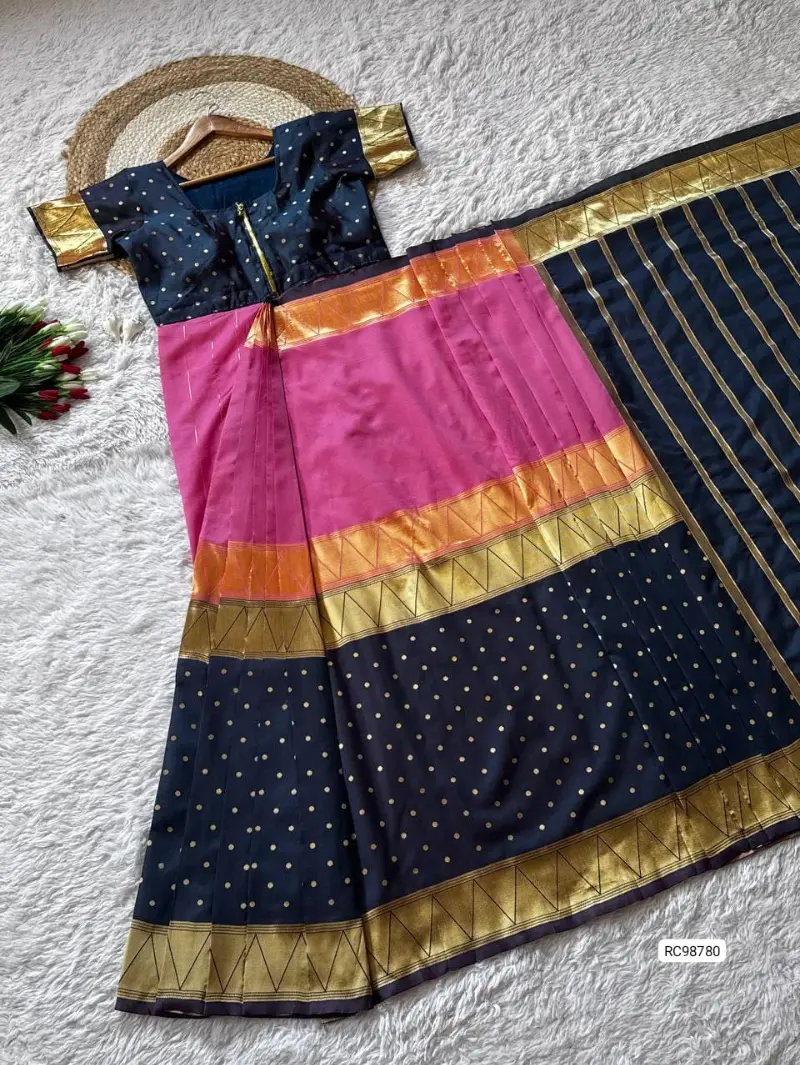Zip and Go ready to wear saree made with rich silk weaving fabric, pre stitched free size saree for quick and easy draping, Pink and Blue
