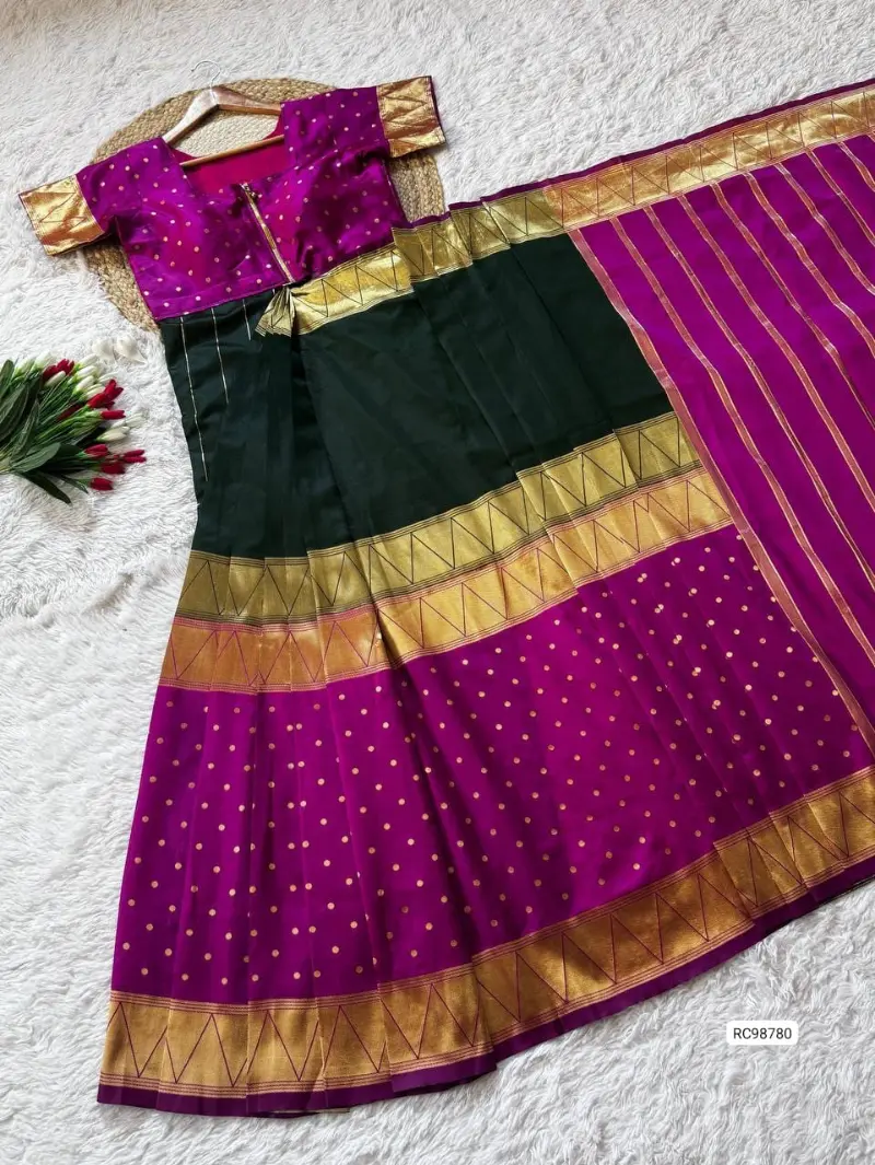 Zip and Go ready to wear saree made with rich silk weaving fabric, pre stitched free size saree for quick and easy draping, Green and Purple