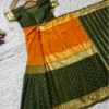 Zip and Go ready to wear saree made with rich silk weaving fabric, pre stitched free size saree for quick and easy draping, Yellow and Green color.