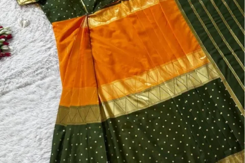 Zip and Go ready to wear saree made with rich silk weaving fabric, pre stitched free size saree for quick and easy draping, Yellow and Green color.