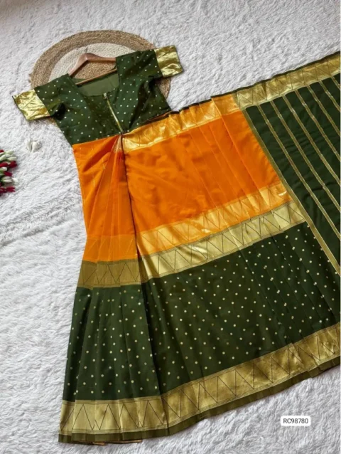 Zip and Go ready to wear saree made with rich silk weaving fabric, pre stitched free size saree for quick and easy draping, Yellow and Green color.