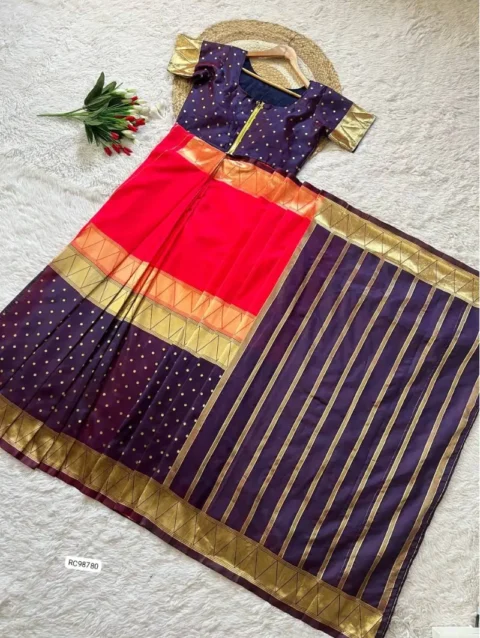 Zip and Go ready to wear saree made with rich silk weaving fabric, pre stitched free size saree for quick and easy draping, Red and Purple color.